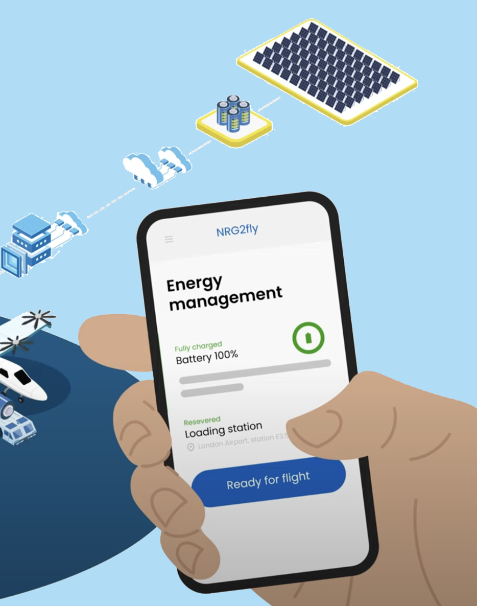 NRG2fly energy management app showing battery status and charging station